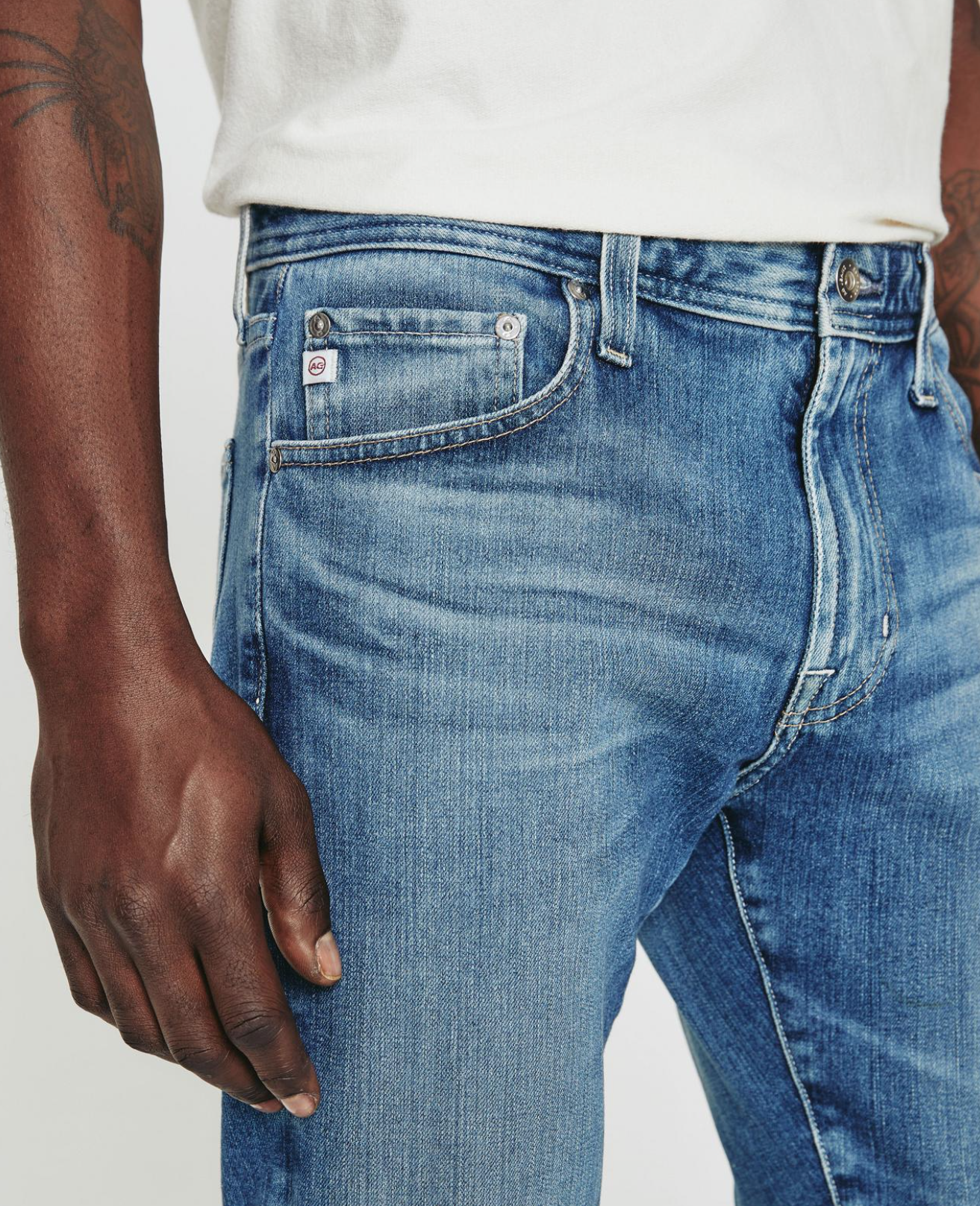 close up of front ag jeans dylan slim fit jean in talavera blue, showing front pockets