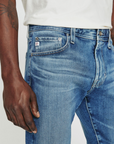 close up of front ag jeans dylan slim fit jean in talavera blue, showing front pockets