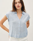 STRIPED LINEN BLEND V-NECK BLOUSE