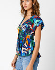 TROPICAL NIGHTS PLEATED RUFFLE BLOUSE