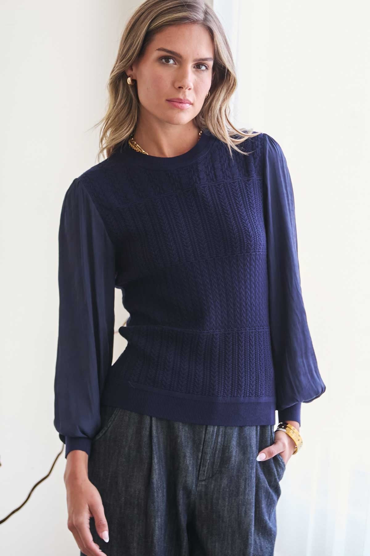 MIXED KNIT TOP WITH SHEER SLEEVE