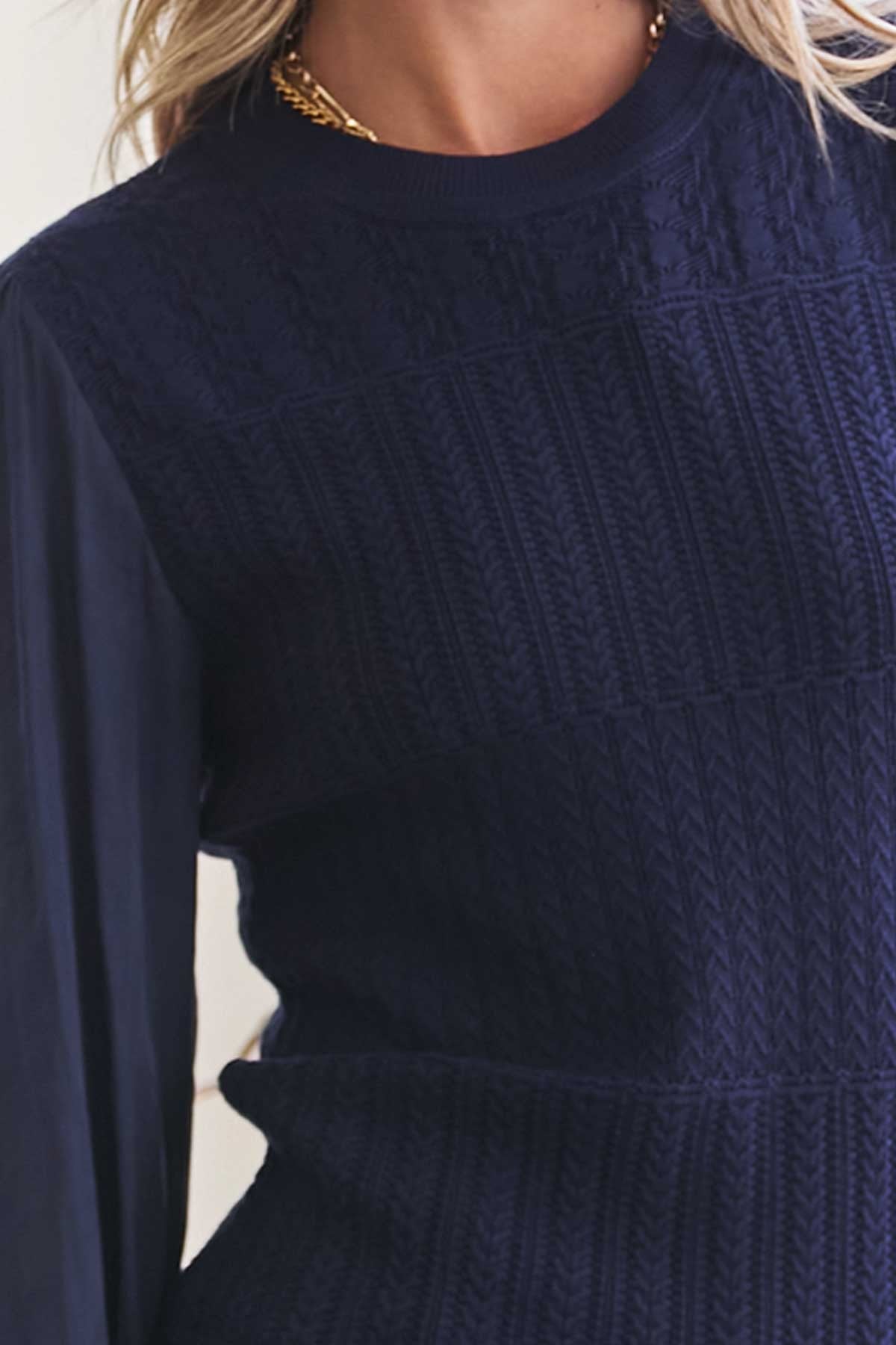 MIXED KNIT TOP WITH SHEER SLEEVE