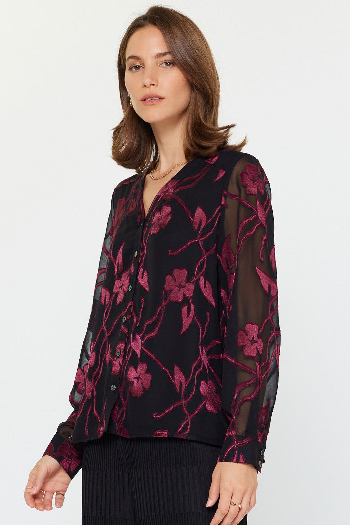 FLORAL JACQUARD V-NECK BLOUSE