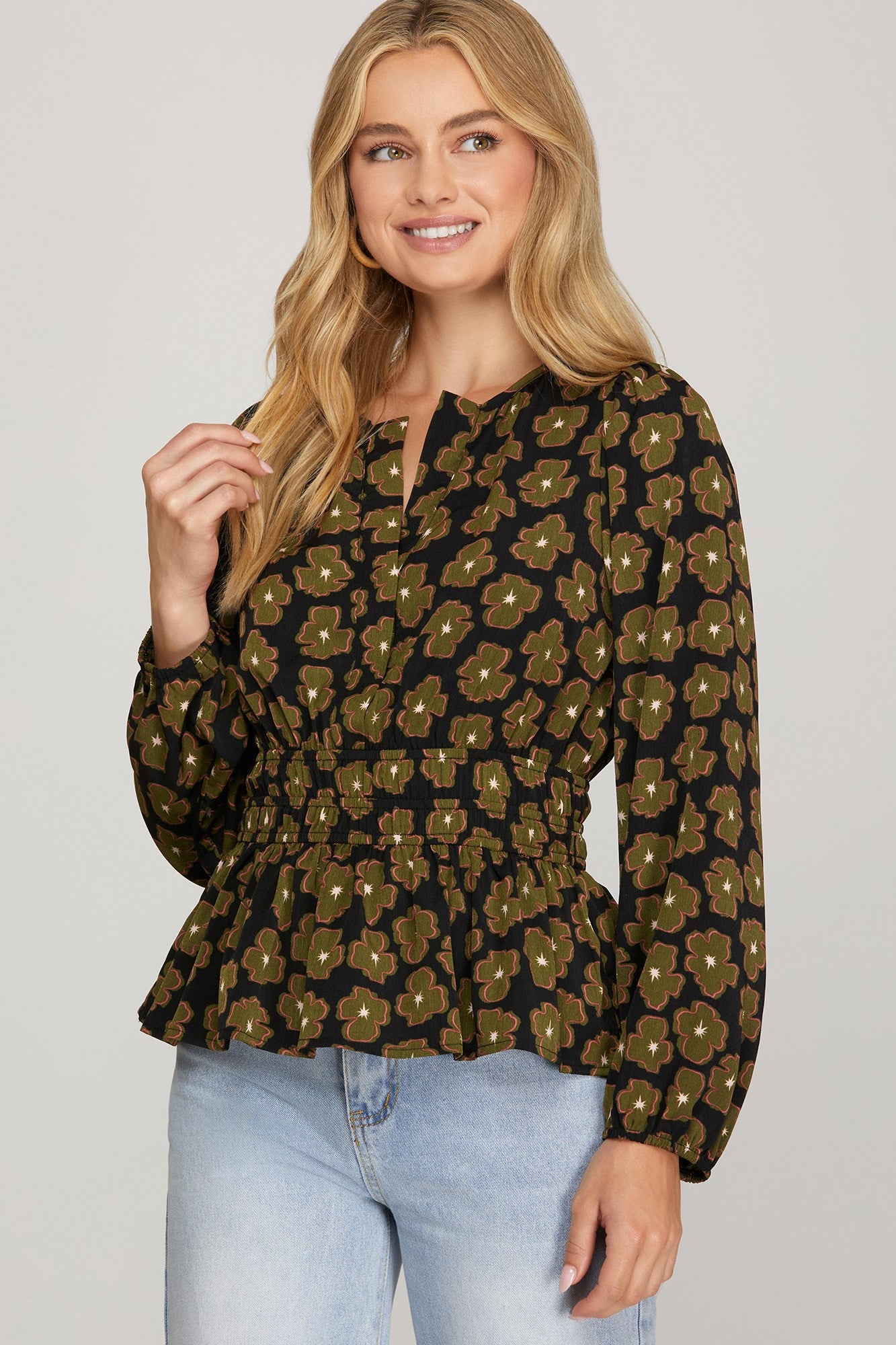 FLORAL BLOUSE WITH GATHERED WAIST