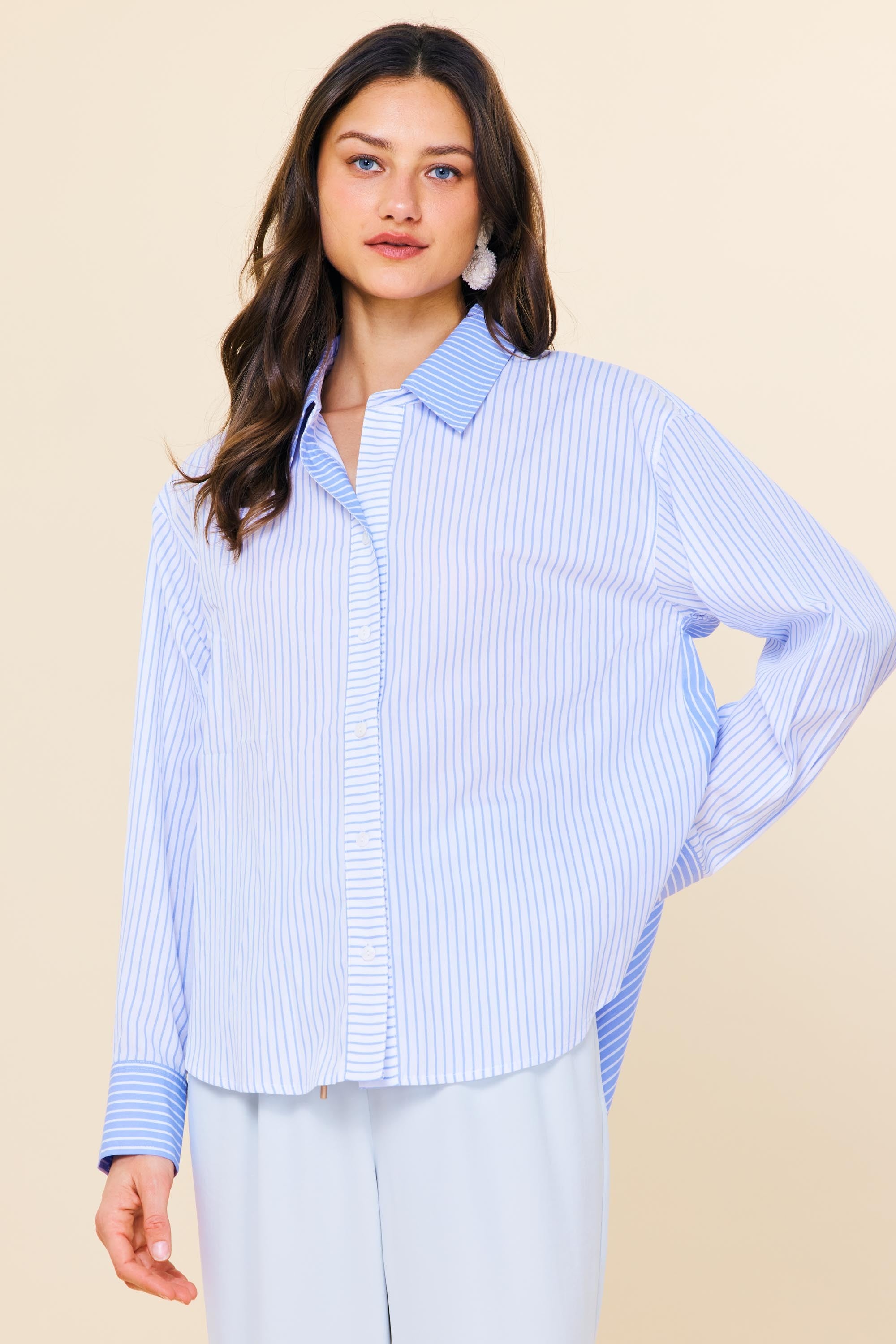 CONTRAST PLACKET STRIPED LONG SLEEVE SHIRT