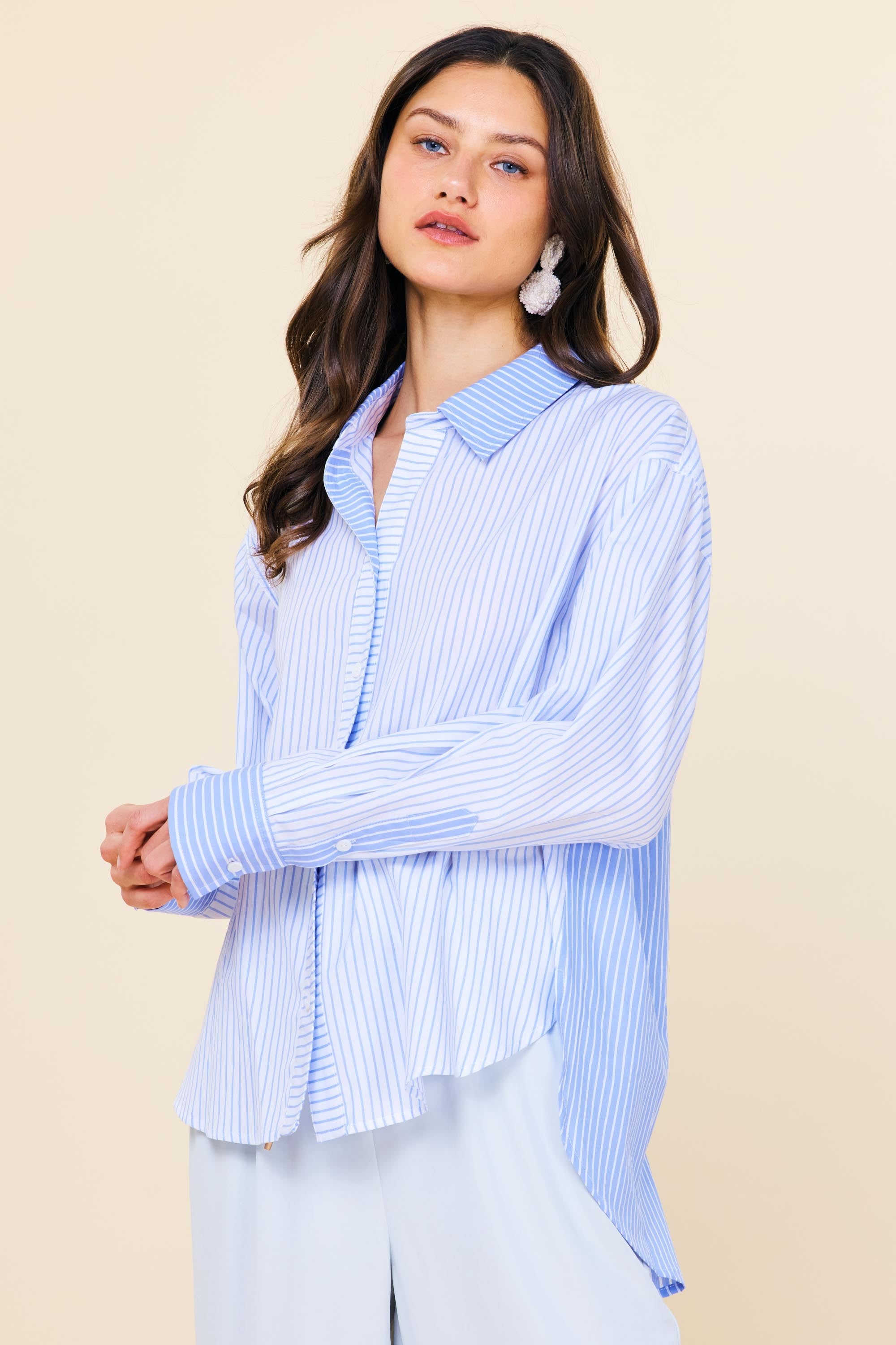 CONTRAST PLACKET STRIPED LONG SLEEVE SHIRT