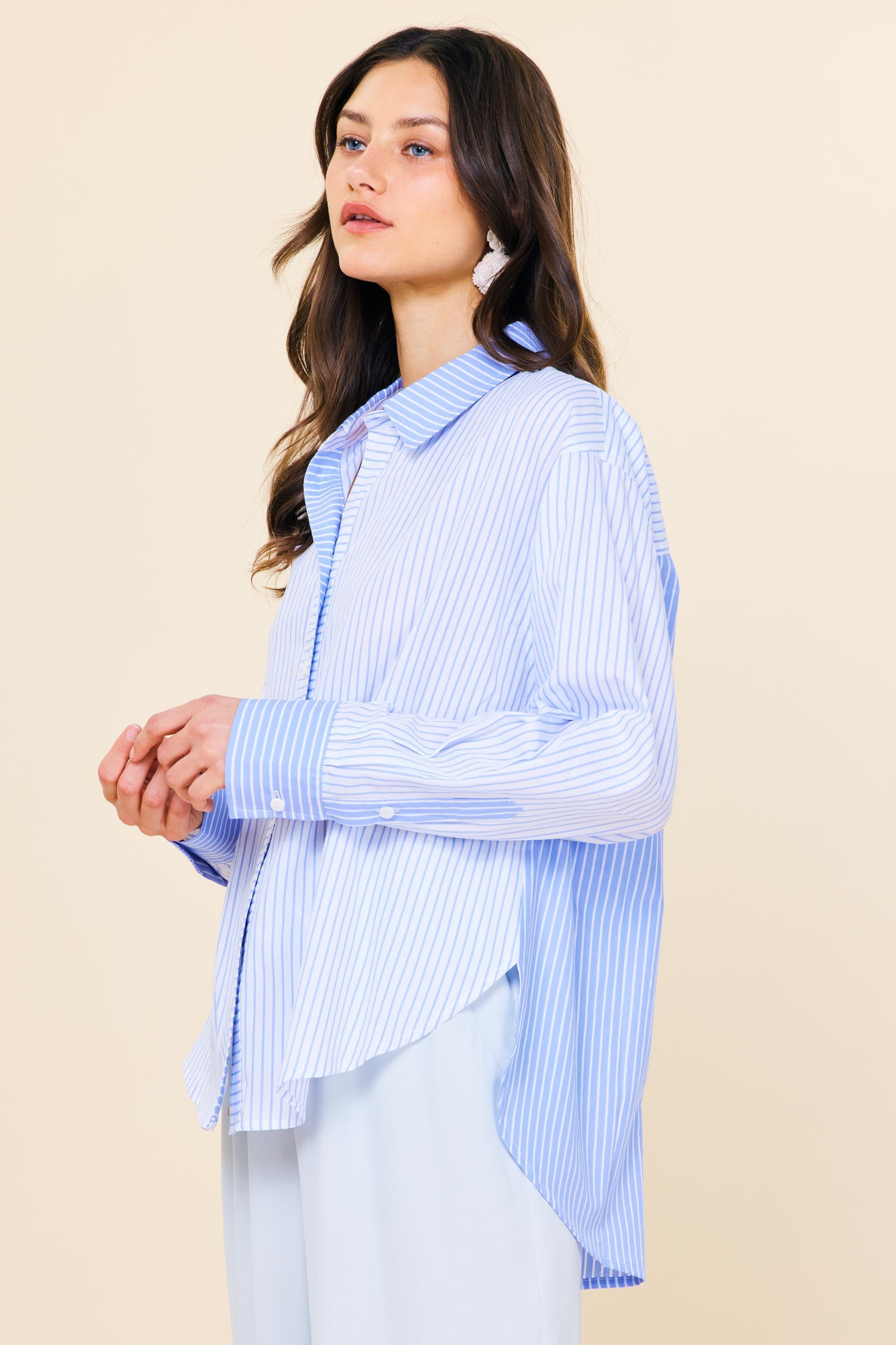 CONTRAST PLACKET STRIPED LONG SLEEVE SHIRT