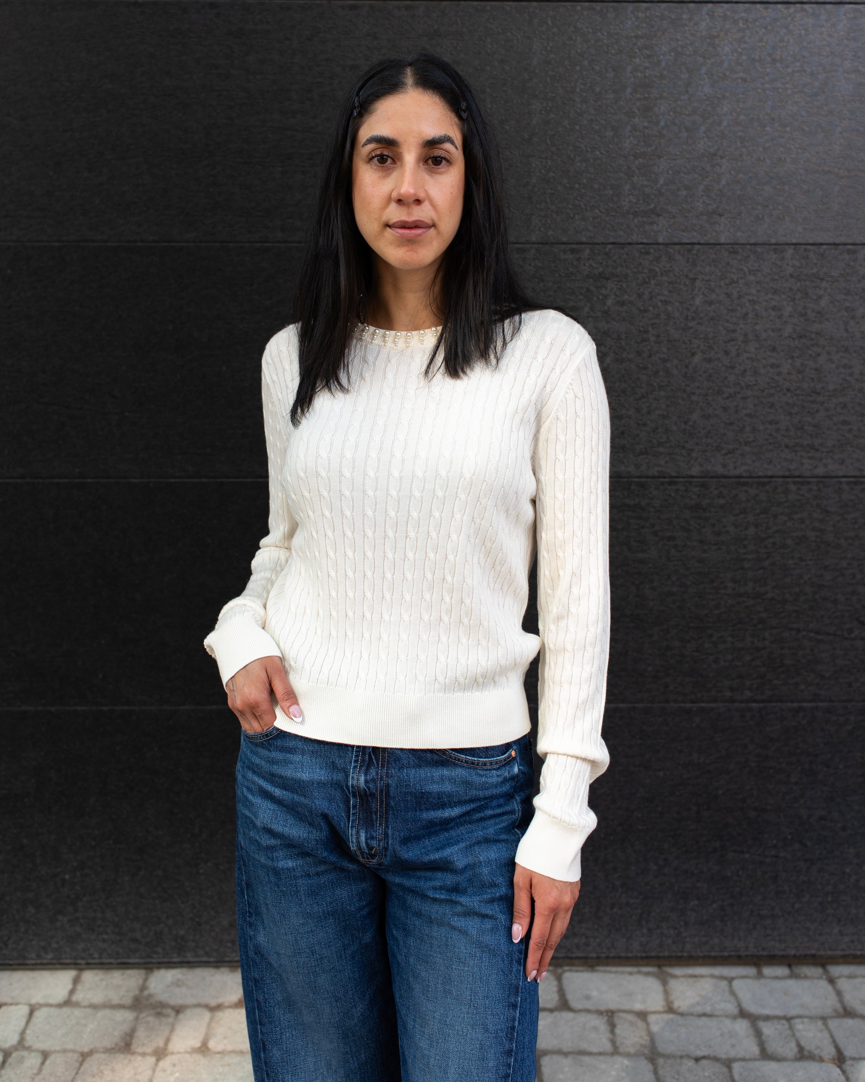 PEARL TRIM CABLE KNIT TOP