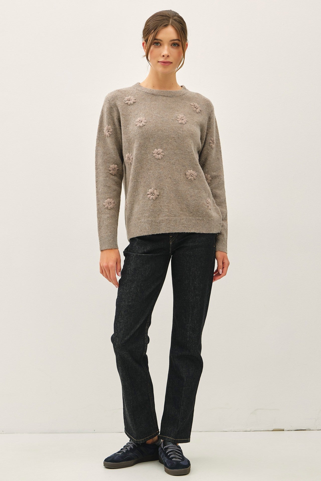 EMBROIDERED TONAL FLOWERS SWEATER
