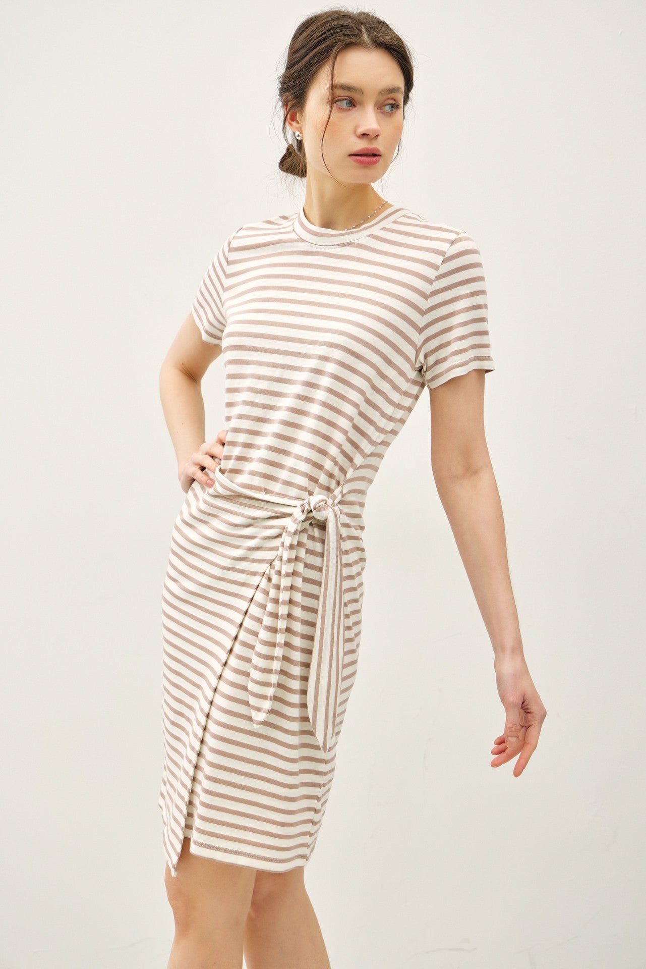 LINEN BLEND STRIPED FAUX WRAP SHORT SLEEVE DRESS