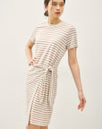 LINEN BLEND STRIPED FAUX WRAP SHORT SLEEVE DRESS