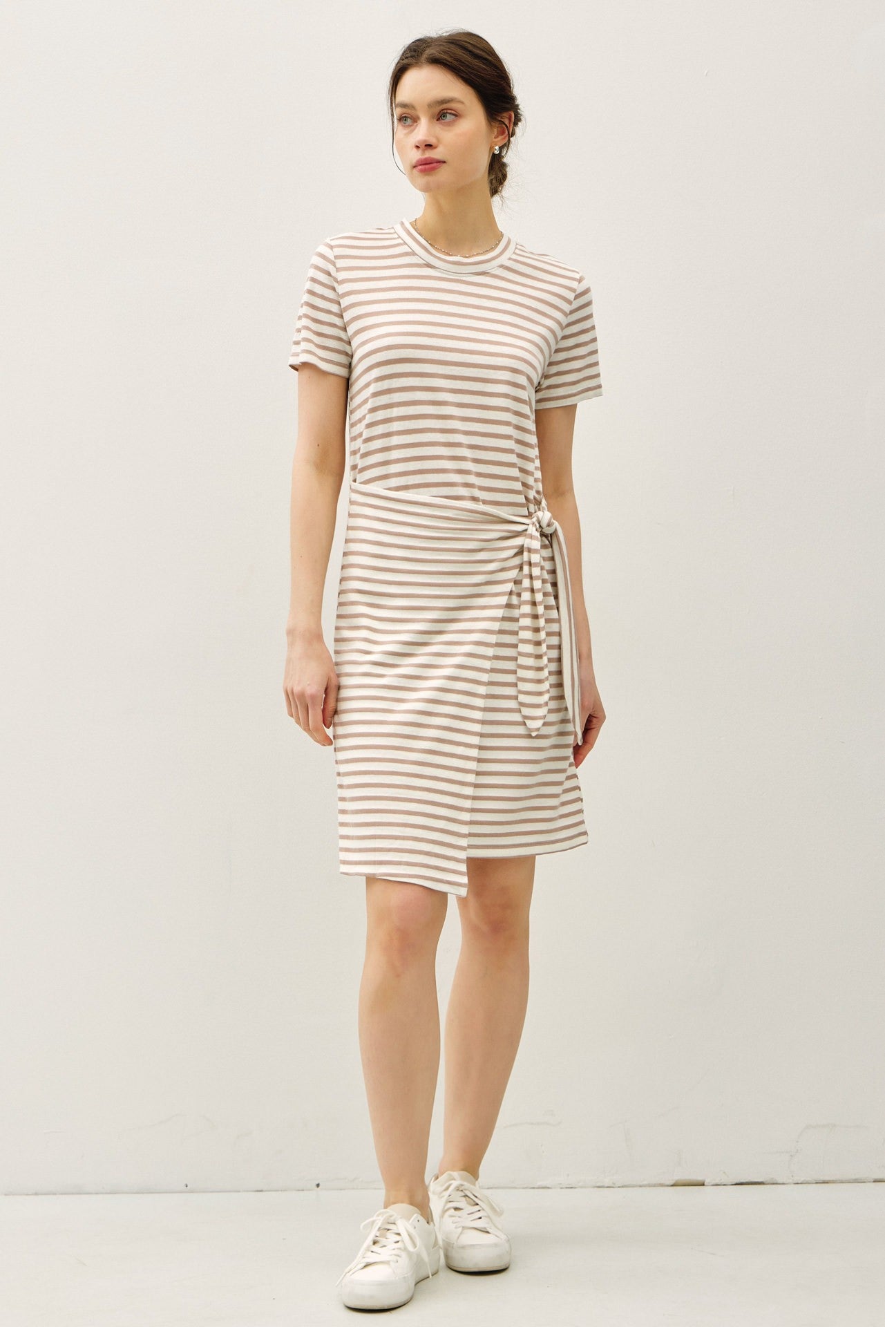 LINEN BLEND STRIPED FAUX WRAP SHORT SLEEVE DRESS