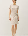 LINEN BLEND STRIPED FAUX WRAP SHORT SLEEVE DRESS
