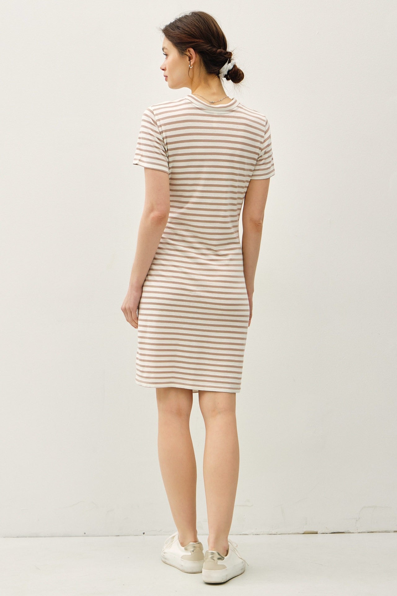 LINEN BLEND STRIPED FAUX WRAP SHORT SLEEVE DRESS