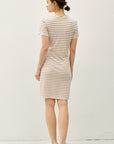LINEN BLEND STRIPED FAUX WRAP SHORT SLEEVE DRESS