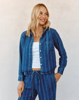 INDIGO STRIPE LONG SLEEVE CROPPED SHIRT