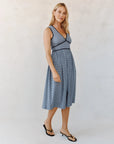 MICRO GINGHAM FIT & FLARE V-NECK MIDI DRESS
