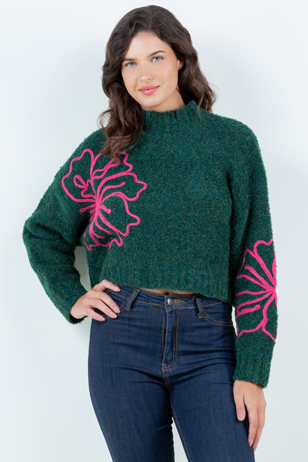FLORAL OUTLINE MOCK NECK SWEATER