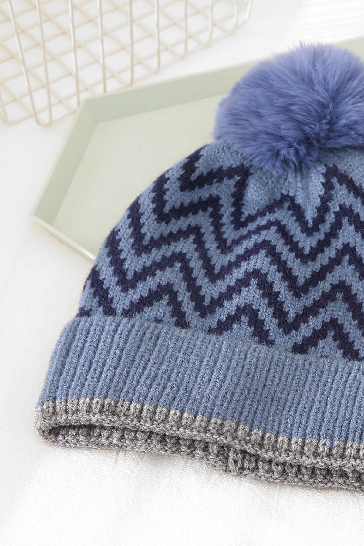 CHEVRON TOQUE WITH FAUX FUR POMPOM