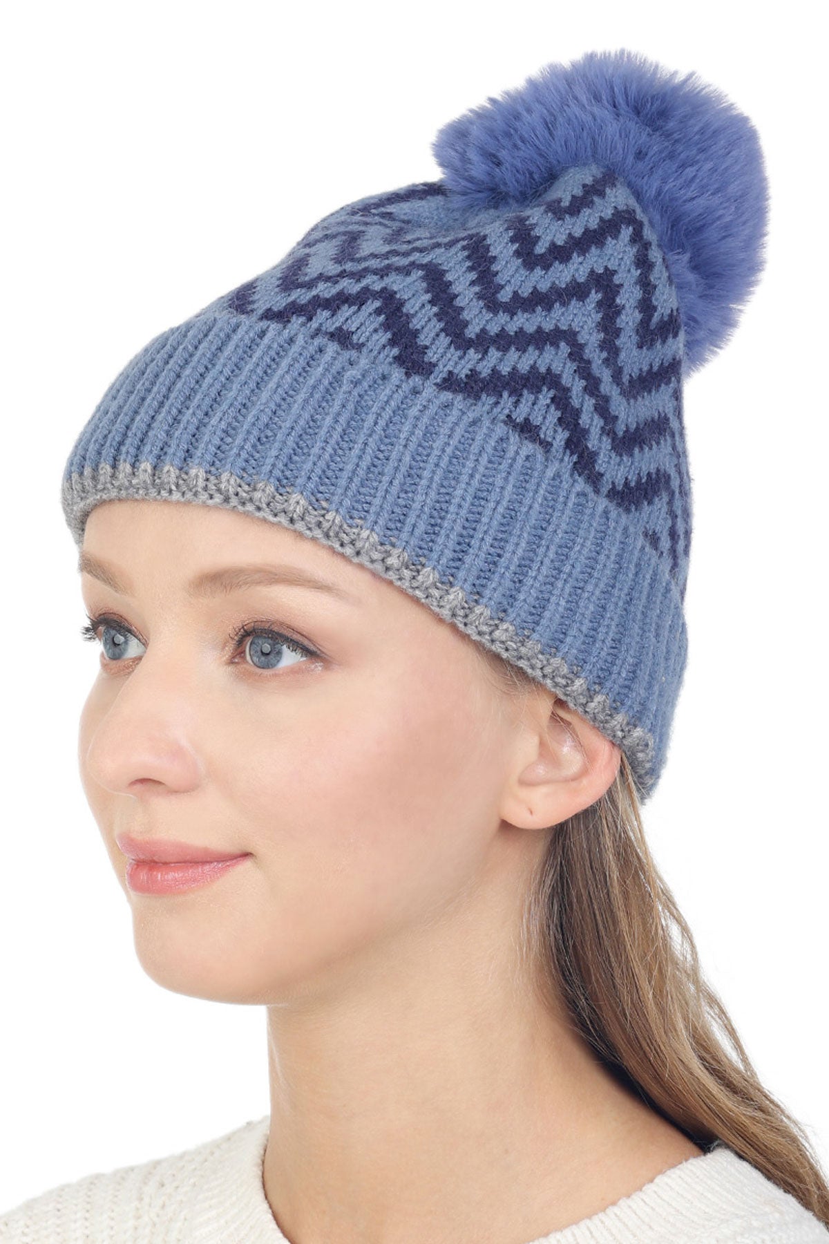 CHEVRON TOQUE WITH FAUX FUR POMPOM