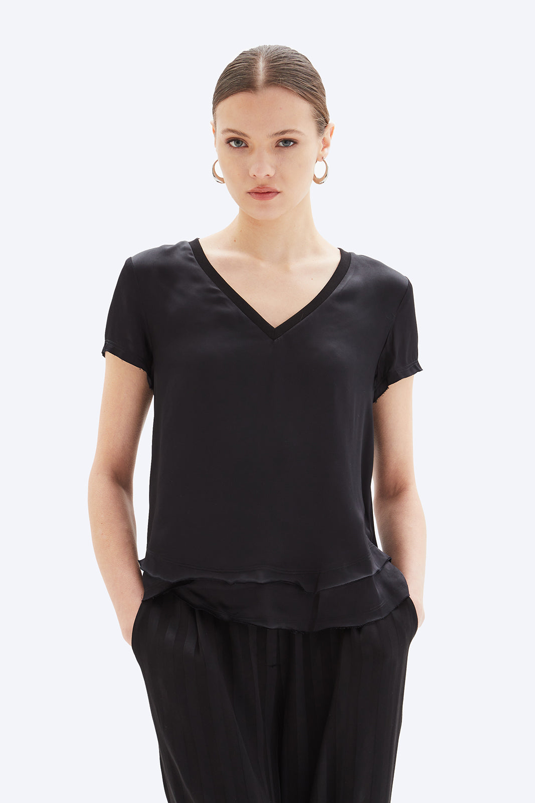 AVA SATIN V-NECK MOCK LAYER TEE