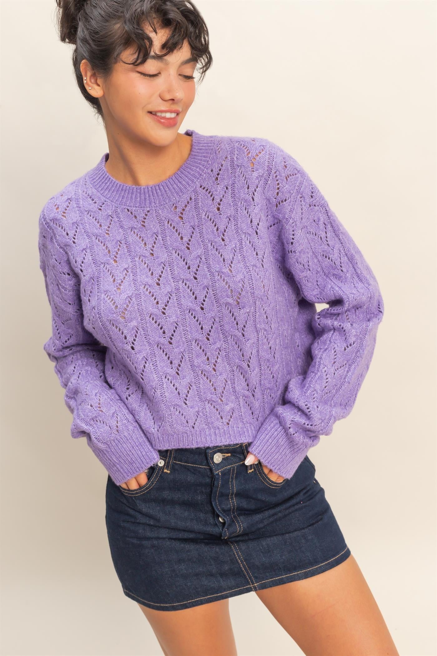 POINTELLE CABLE KNIT SWEATER