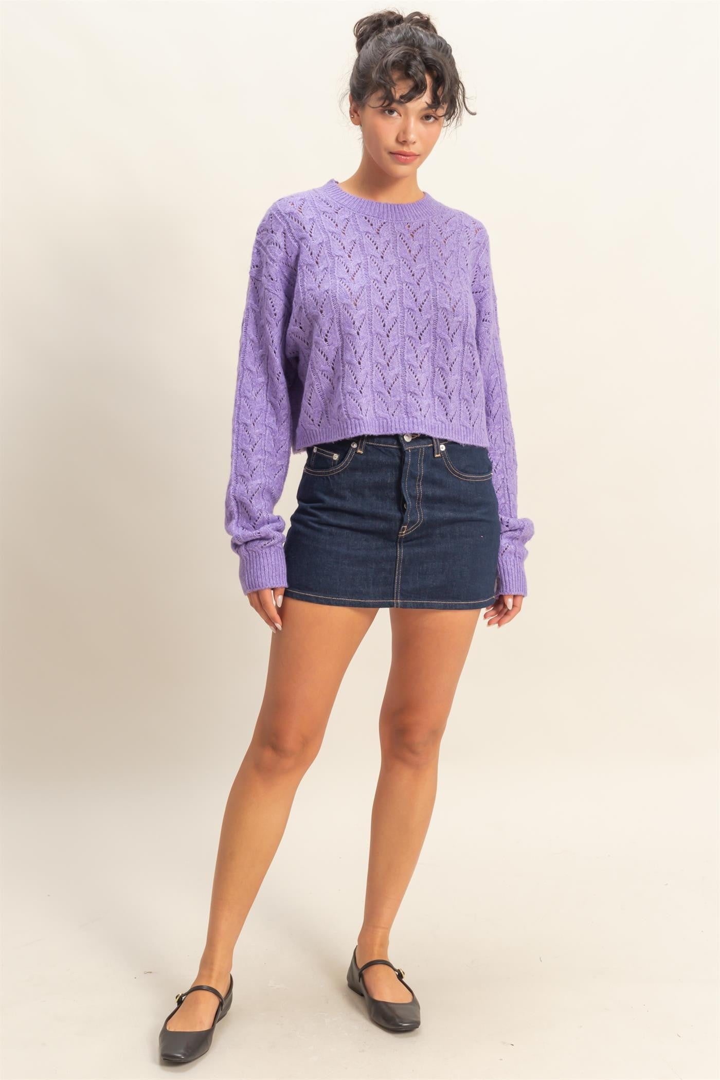 POINTELLE CABLE KNIT SWEATER