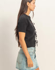 TIE FRONT SHORT SLEEVE SWEATER