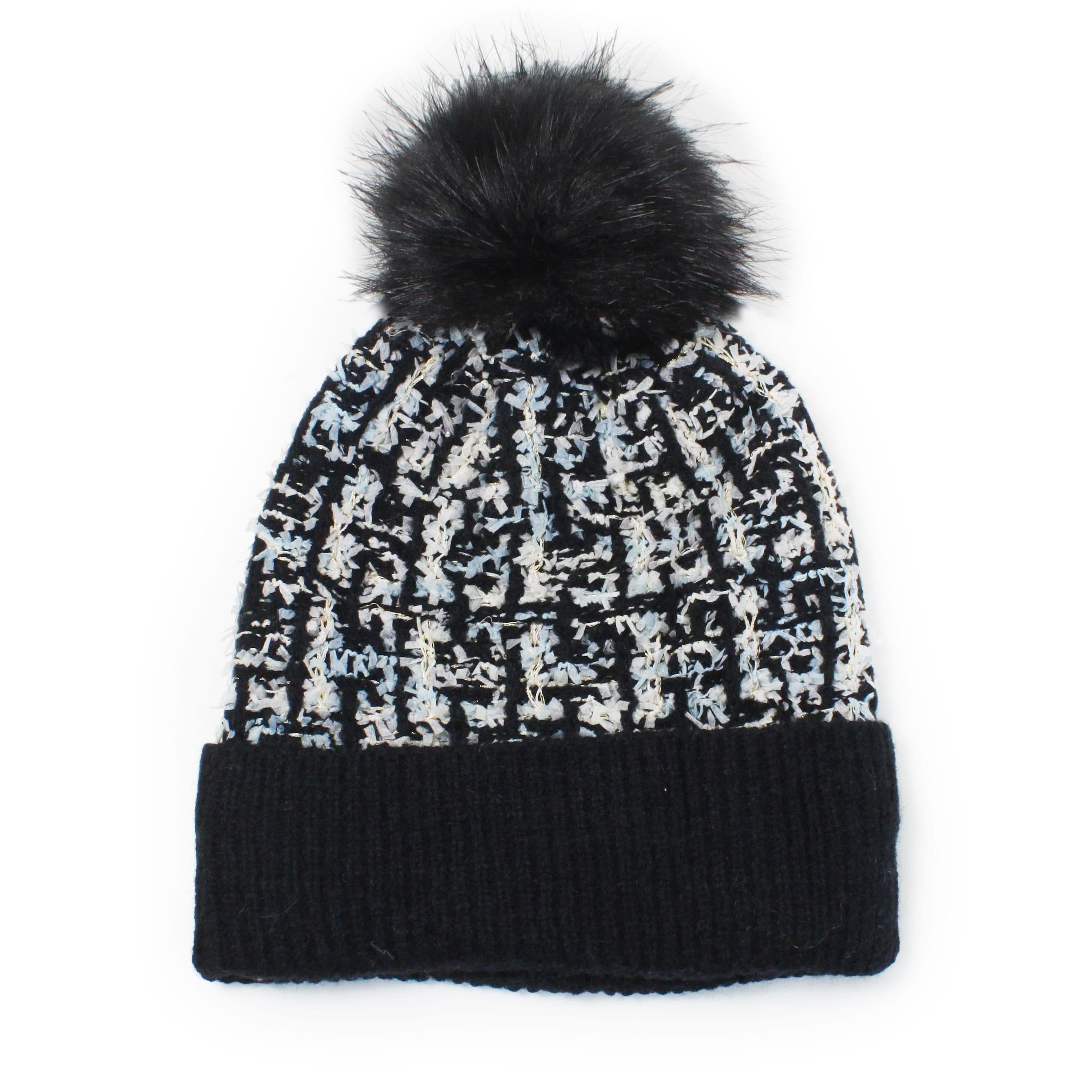 CONFETTI TWEED TOQUE WITH FAUX FUR POMPOM
