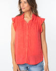 FLORAL JACQUARED RUFFLE TRIM RAYON BLOUSE