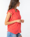 FLORAL JACQUARED RUFFLE TRIM RAYON BLOUSE