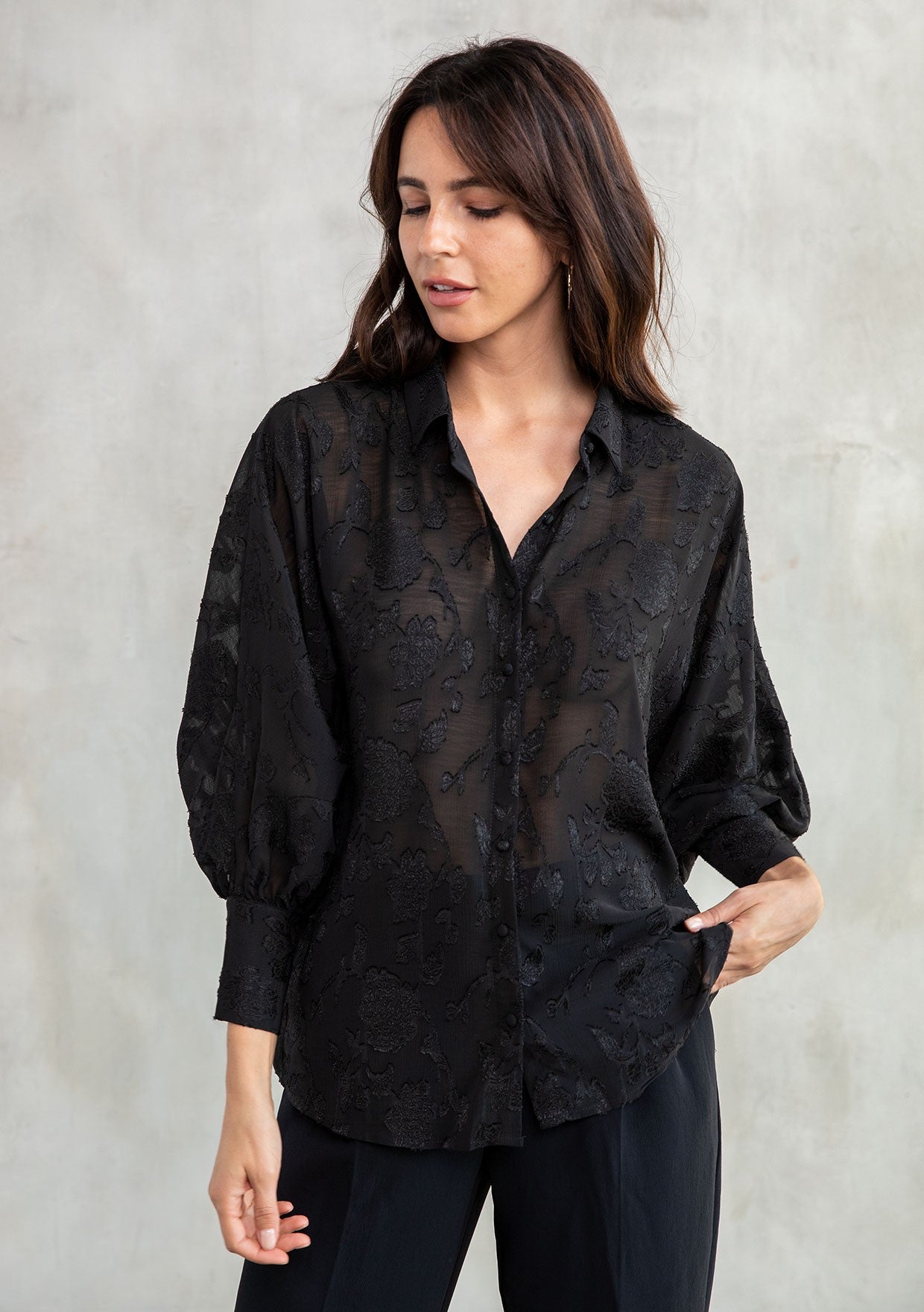 SHEER JACQUARD FLORAL DOLMAN BLOUSE