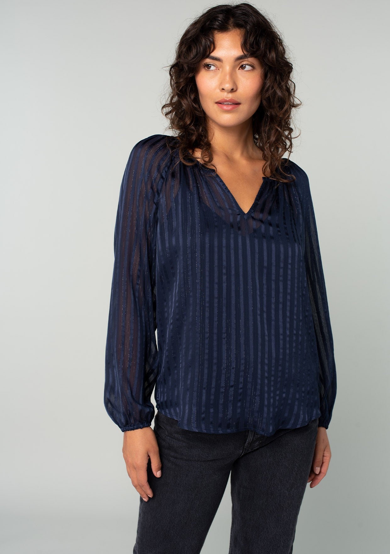 SHEER STRIPE V-NECK POPOVER BLOUSE