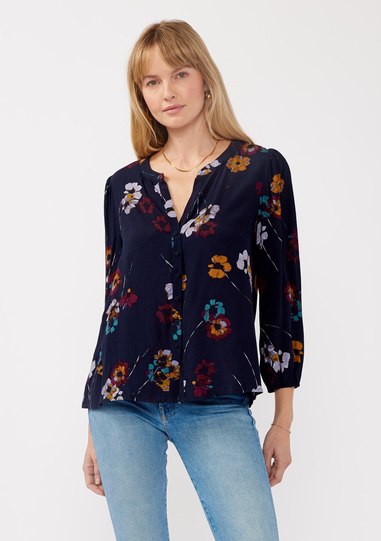 PAINTED BLOSSOM SPLIT NECK BLOUSE