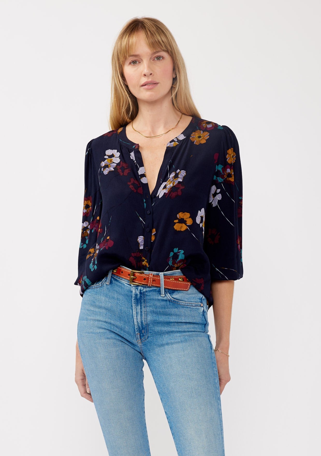 PAINTED BLOSSOM SPLIT NECK BLOUSE
