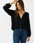 EMBROIDERED SLEEVE V-NECK BLOUSE
