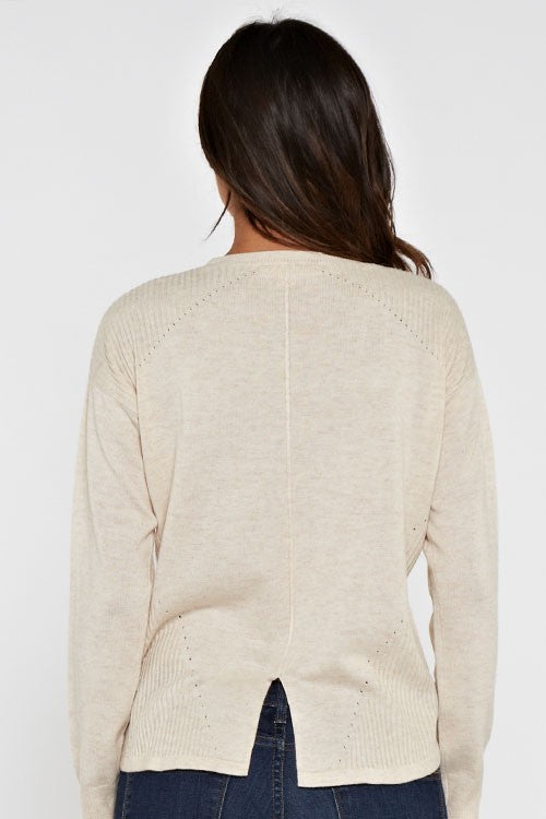 COTTON POINTELLE & RIB SPLIT BACK SWEATER