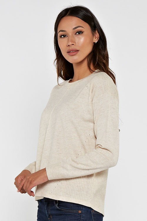COTTON POINTELLE & RIB SPLIT BACK SWEATER