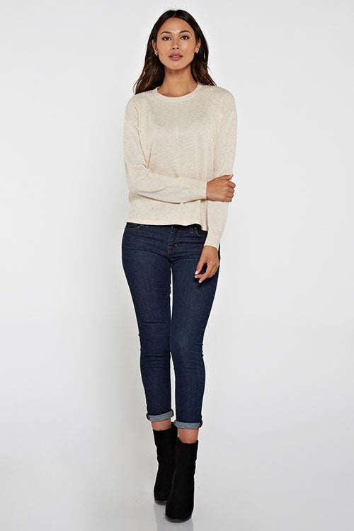 COTTON POINTELLE & RIB SPLIT BACK SWEATER