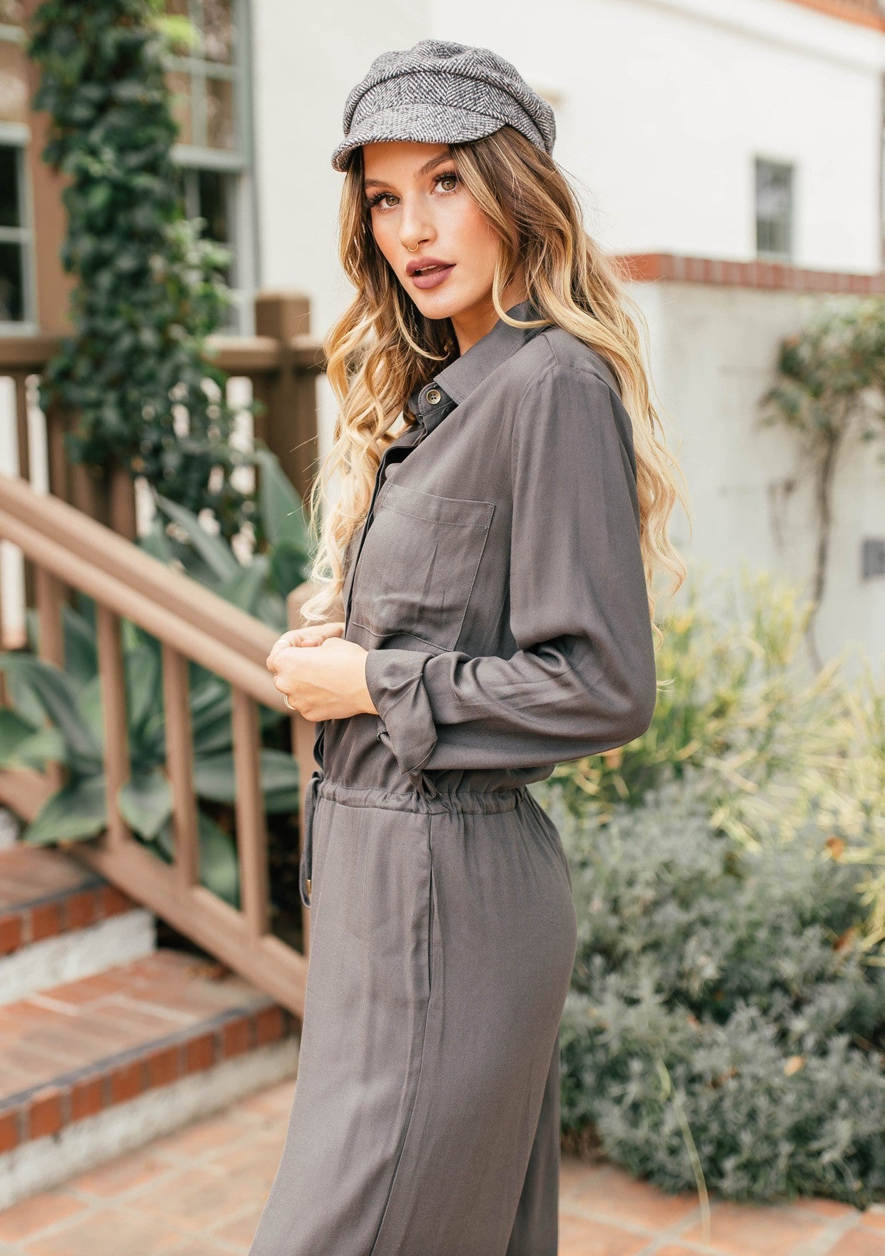RAYON TWILL LONG SLEEVE JUMPSUIT