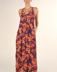 PLEATED RACERBACK LEAF PRINT MAXI DRESS