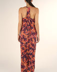PLEATED RACERBACK LEAF PRINT MAXI DRESS