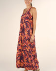 PLEATED RACERBACK LEAF PRINT MAXI DRESS
