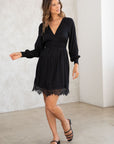 SMOCKED WAIST V-NECK DRESS WITH LACE TRIM