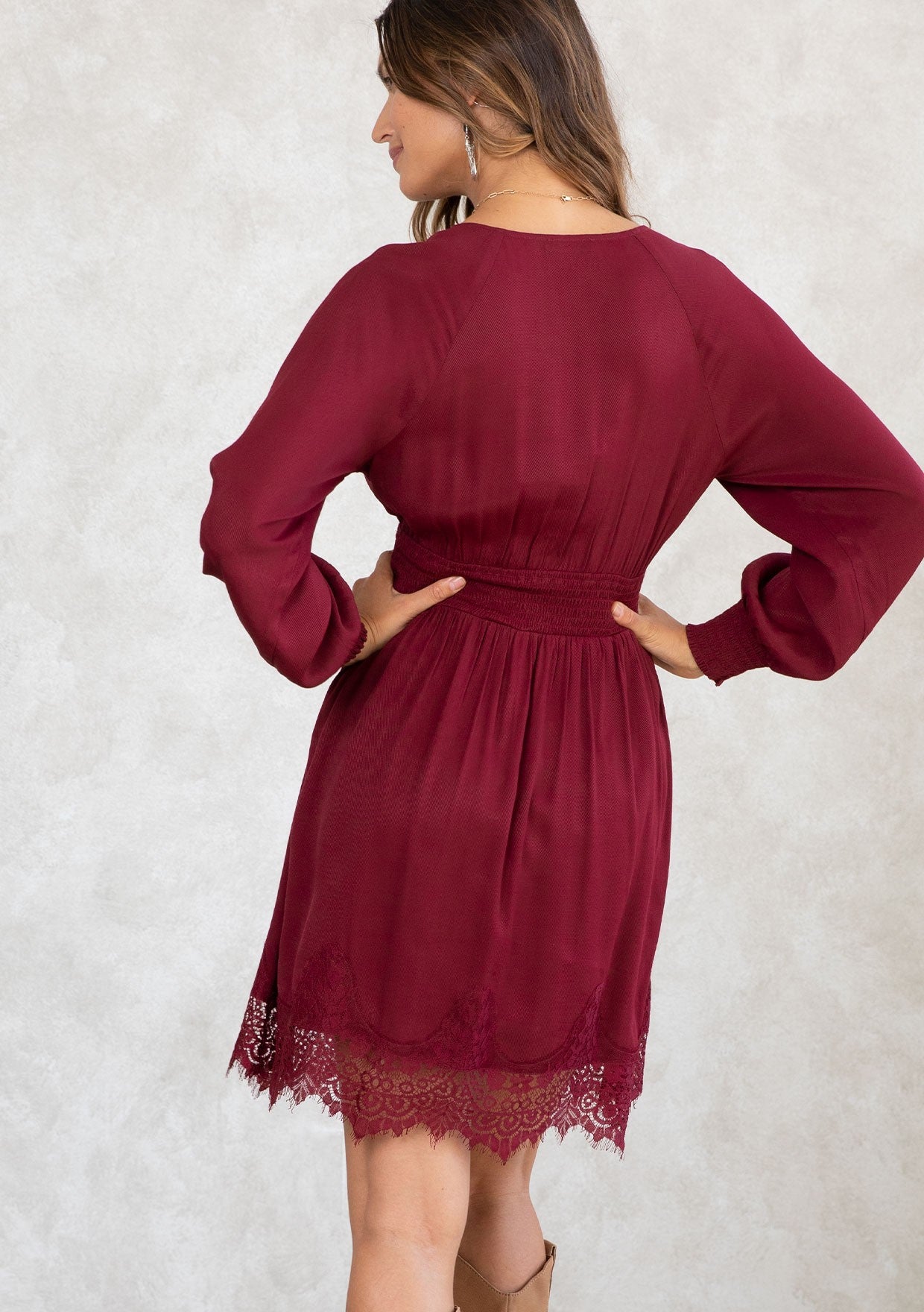SMOCKED WAIST V-NECK DRESS WITH LACE TRIM