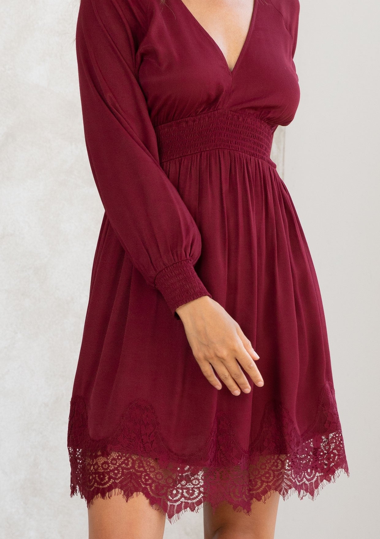 SMOCKED WAIST V-NECK DRESS WITH LACE TRIM