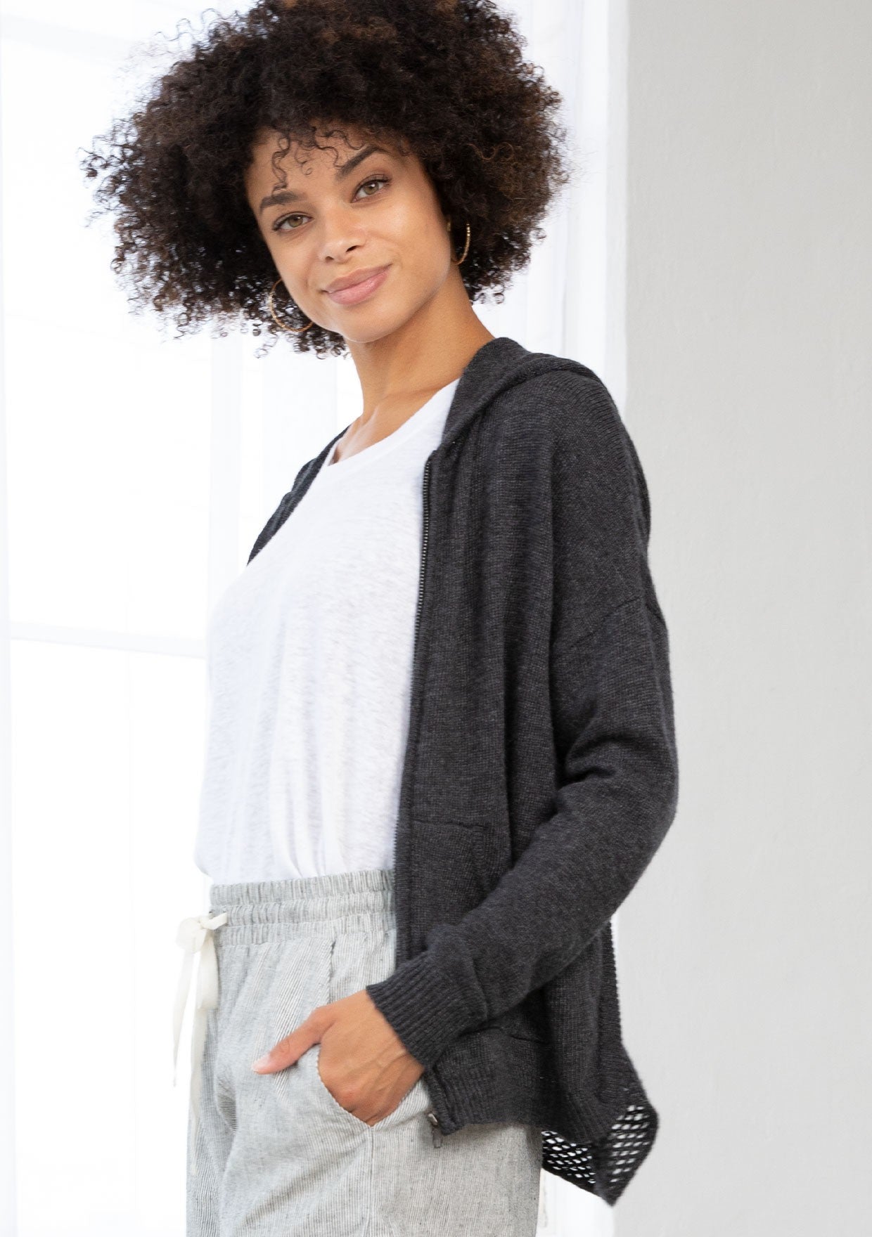 OPEN KNIT BACK HOODIE