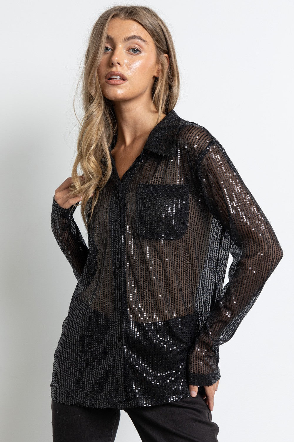 SHEER SEQUINNED BUTTON UP SHIRT