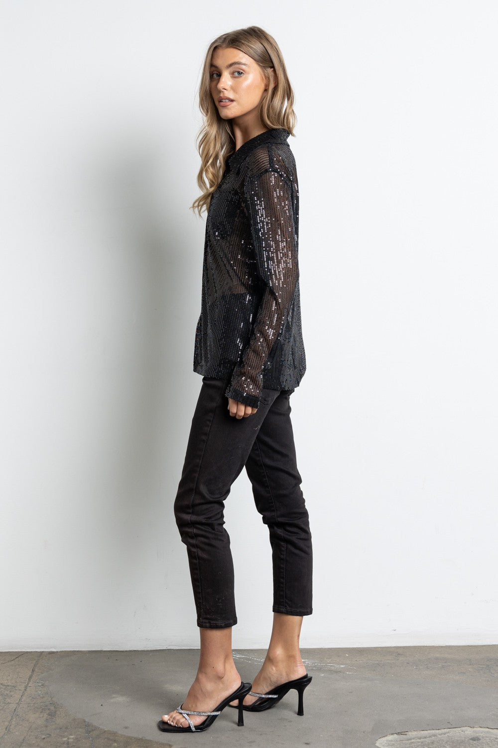 SHEER SEQUINNED BUTTON UP SHIRT