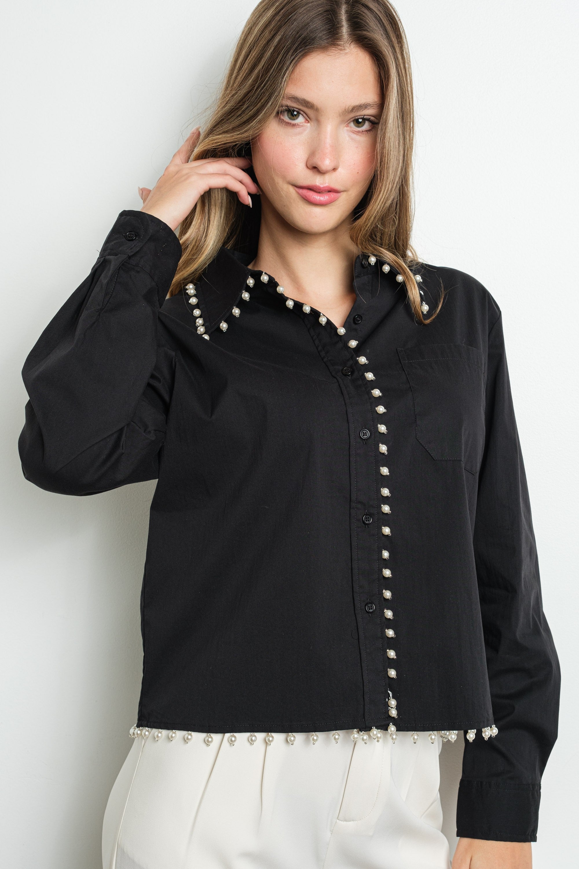 PEARL TRIM LONG SLEEVE SHIRT